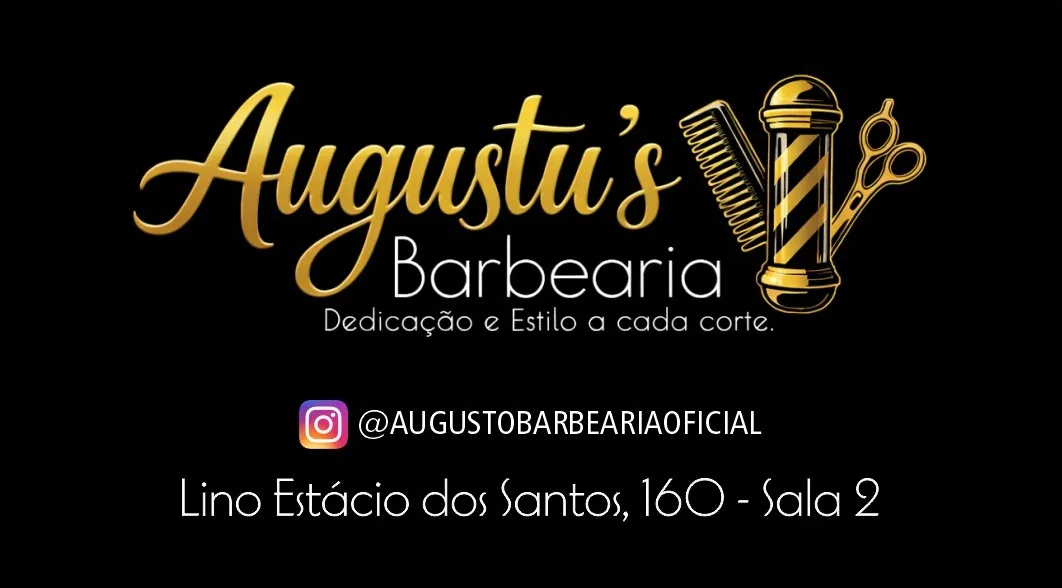 Cartão da Augustu's Barbearia com logo e endereço